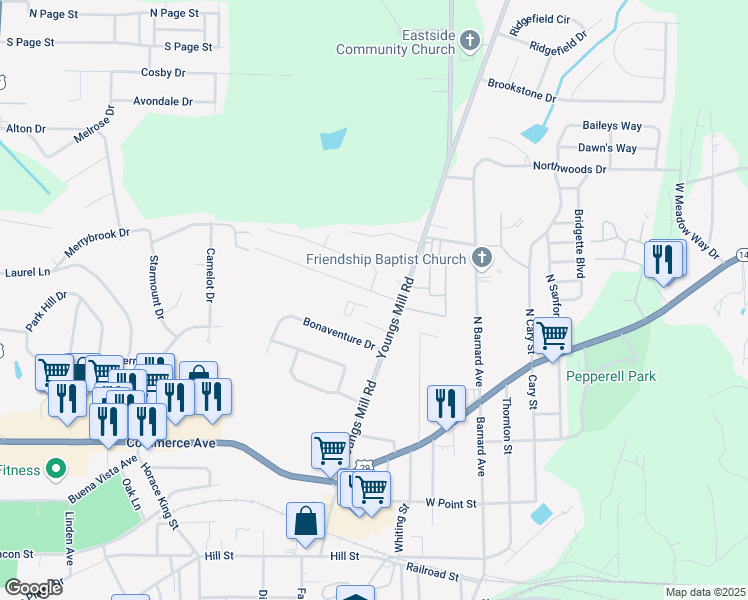 map of restaurants, bars, coffee shops, grocery stores, and more near 205 Youngs Mill Road in LaGrange