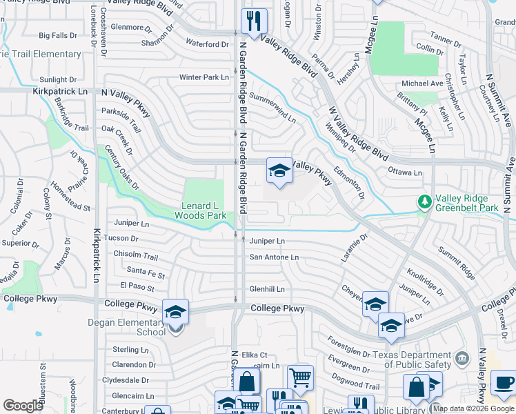 map of restaurants, bars, coffee shops, grocery stores, and more near 967 North Garden Ridge Boulevard in Lewisville