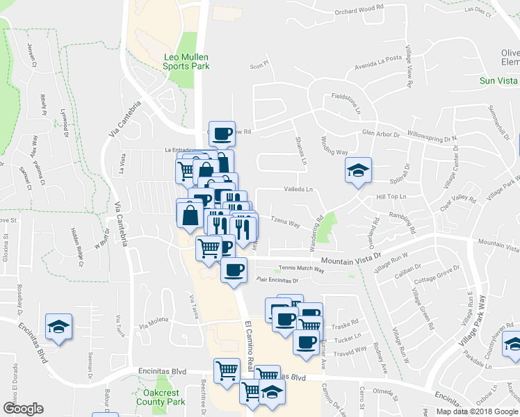 map of restaurants, bars, coffee shops, grocery stores, and more near 451 Jolina Way in Encinitas