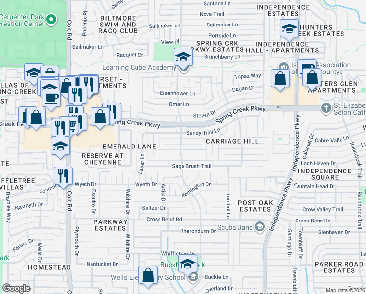 map of restaurants, bars, coffee shops, grocery stores, and more near 3429 Caleche Court in Plano