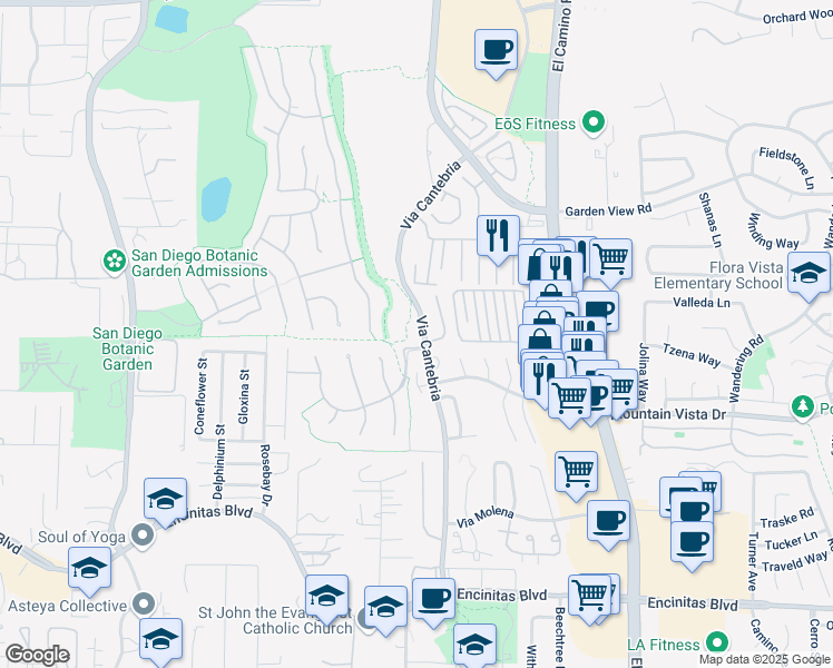 map of restaurants, bars, coffee shops, grocery stores, and more near 479 Sandalwood Court in Encinitas
