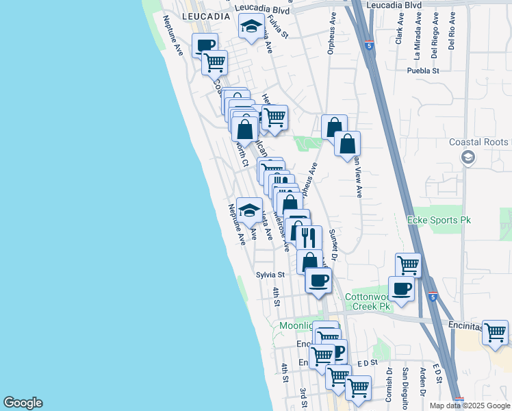 map of restaurants, bars, coffee shops, grocery stores, and more near 304 La Veta Avenue in Encinitas