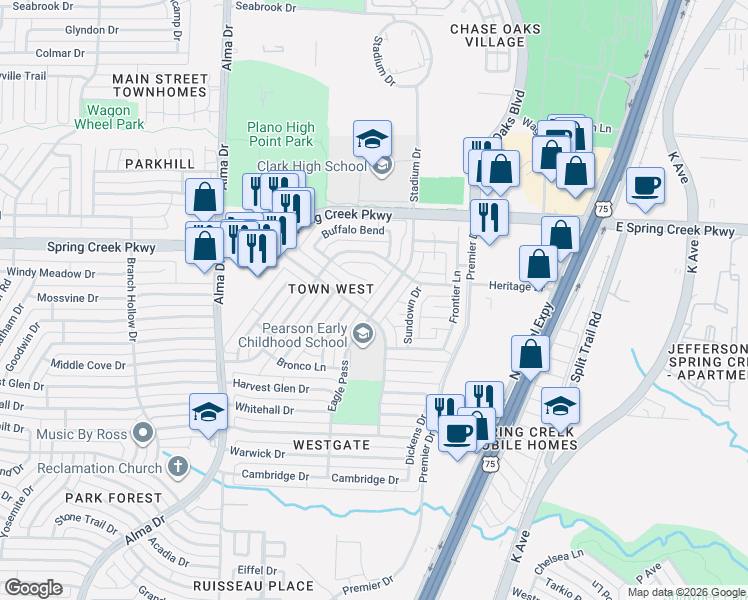 map of restaurants, bars, coffee shops, grocery stores, and more near 5001 Eagle Pass in Plano
