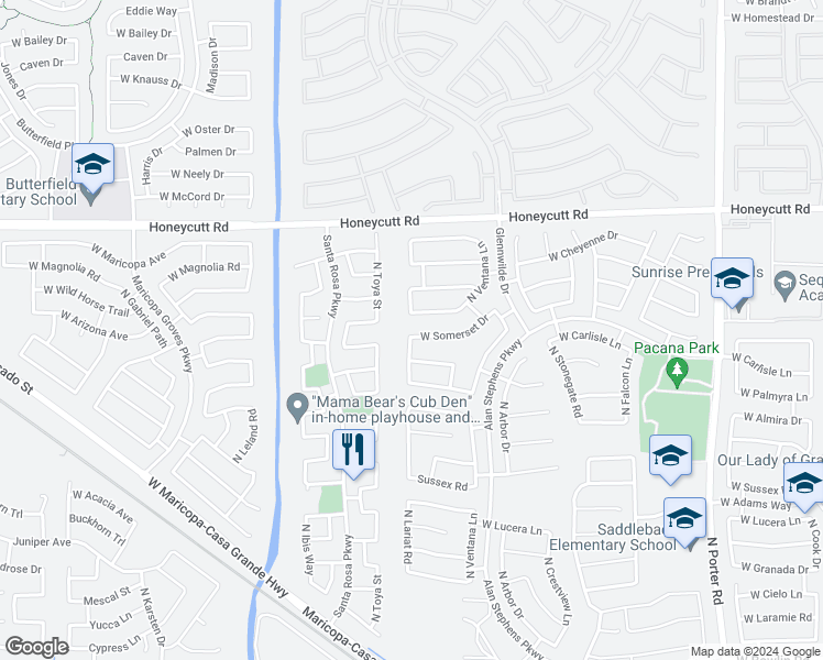 map of restaurants, bars, coffee shops, grocery stores, and more near 42606 West Somerset Drive in Maricopa