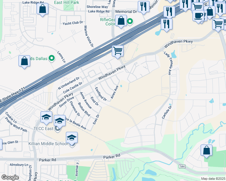 map of restaurants, bars, coffee shops, grocery stores, and more near 417 Westminster Drive in The Colony