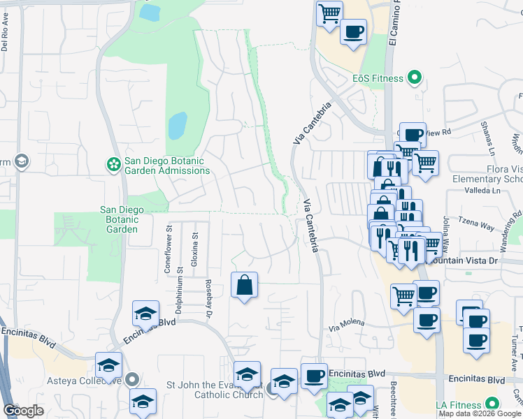 map of restaurants, bars, coffee shops, grocery stores, and more near 515 Verbena Court in Encinitas