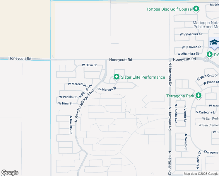 map of restaurants, bars, coffee shops, grocery stores, and more near 37542 West Merced Street in Maricopa