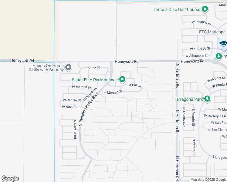 map of restaurants, bars, coffee shops, grocery stores, and more near 37558 West Merced Street in Maricopa