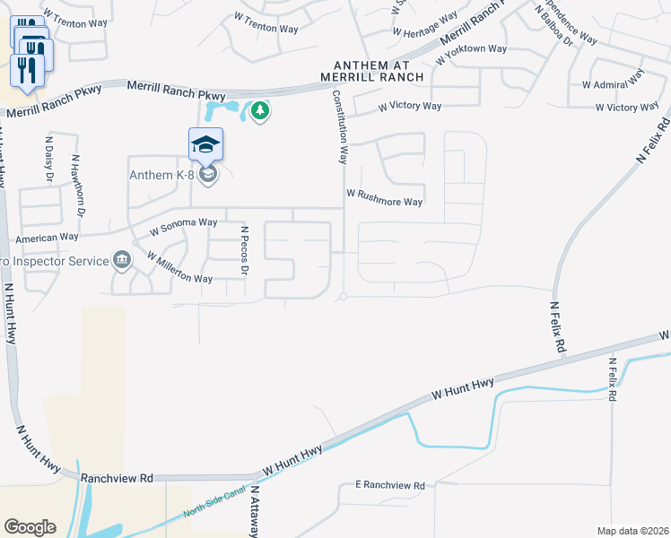 map of restaurants, bars, coffee shops, grocery stores, and more near 2281 North Hidden Canyon Drive in Florence