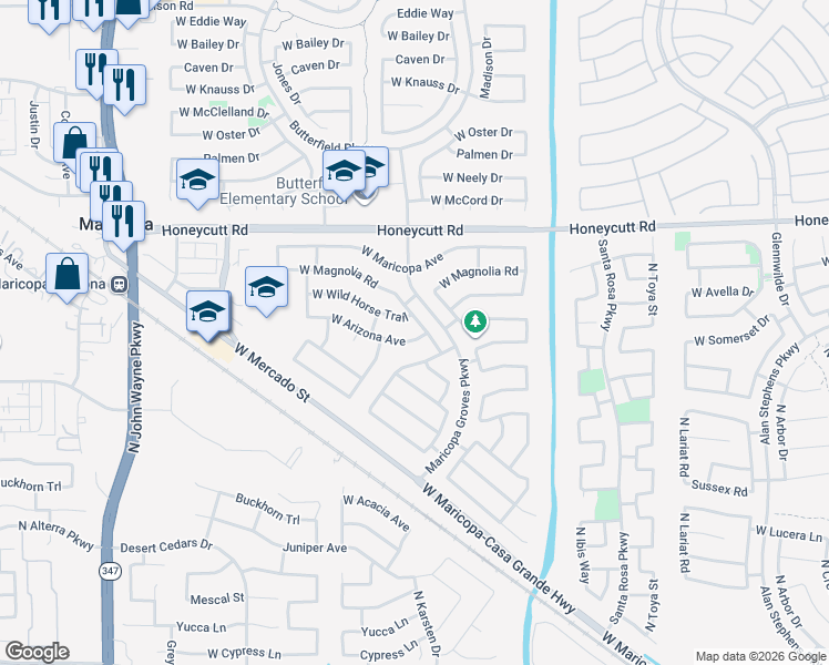 map of restaurants, bars, coffee shops, grocery stores, and more near 43613 West Arizona Avenue in Maricopa