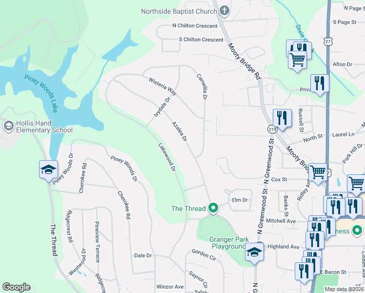 map of restaurants, bars, coffee shops, grocery stores, and more near 721 Azalea Drive in LaGrange