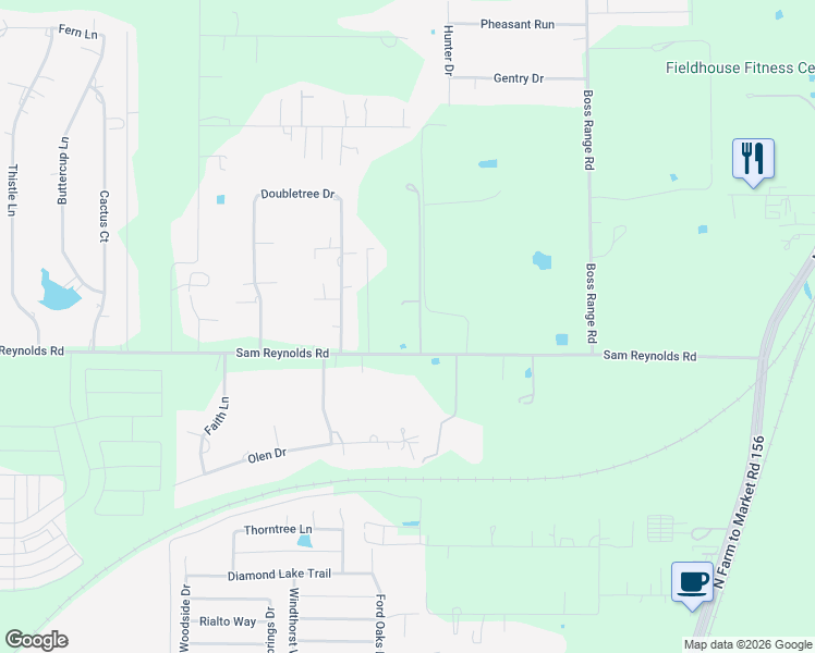 map of restaurants, bars, coffee shops, grocery stores, and more near 10575 Sam Reynolds Road in Justin