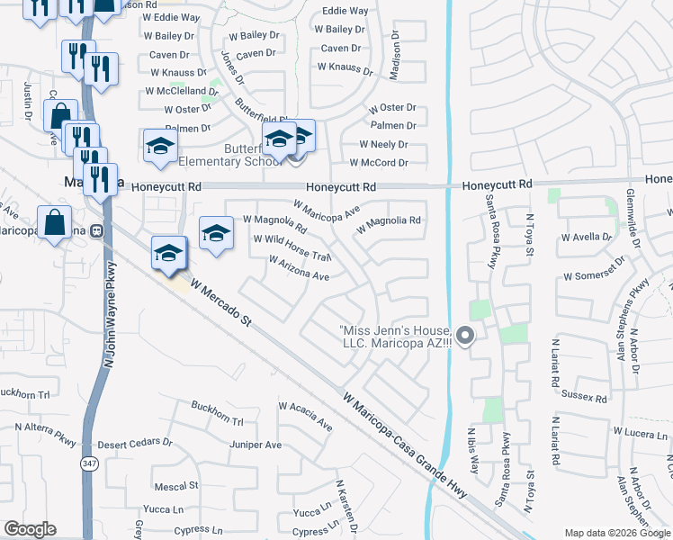 map of restaurants, bars, coffee shops, grocery stores, and more near 43584 West Arizona Avenue in Maricopa