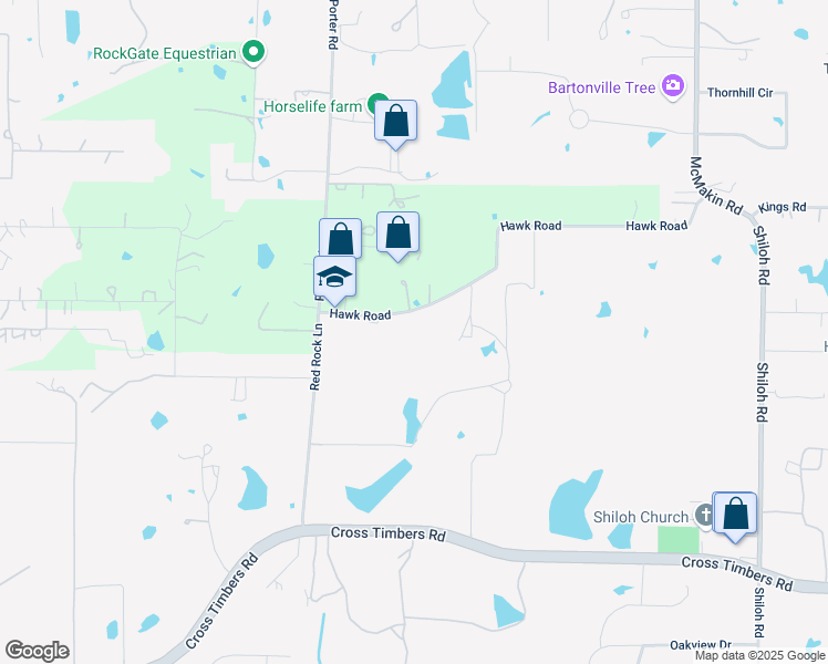 map of restaurants, bars, coffee shops, grocery stores, and more near 7057 Hawk Road in Flower Mound