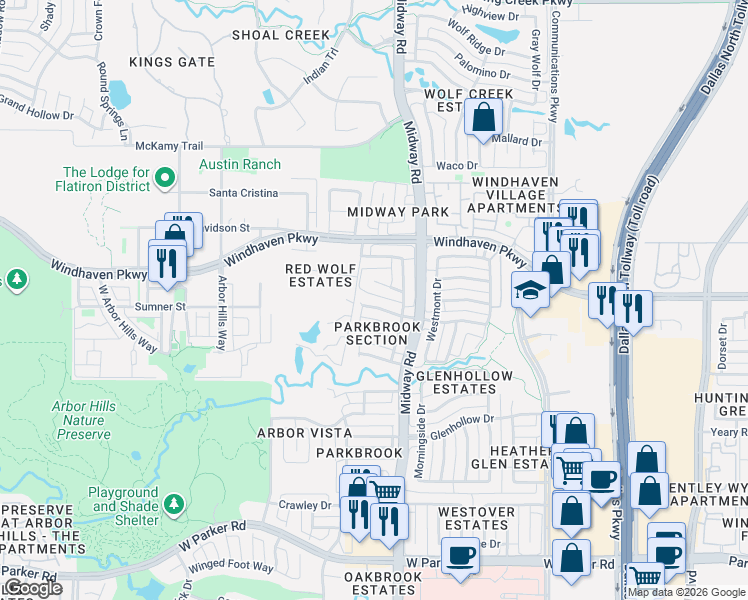 map of restaurants, bars, coffee shops, grocery stores, and more near 6416 Willowdale Drive in Plano