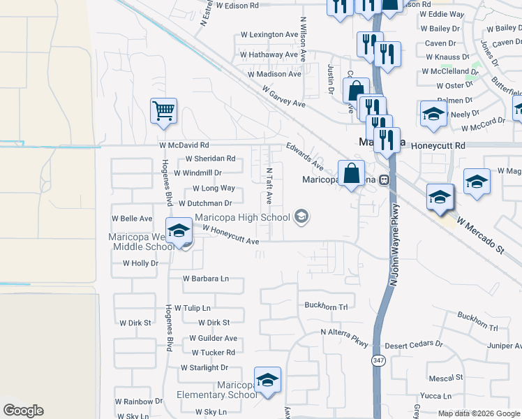 map of restaurants, bars, coffee shops, grocery stores, and more near 19156 North Taft Avenue in Maricopa