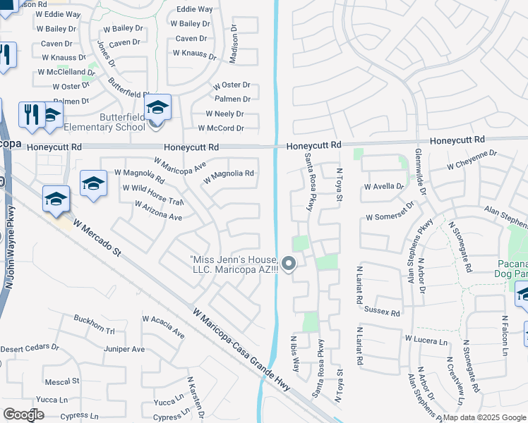 map of restaurants, bars, coffee shops, grocery stores, and more near 19289 North Leland Road in Maricopa