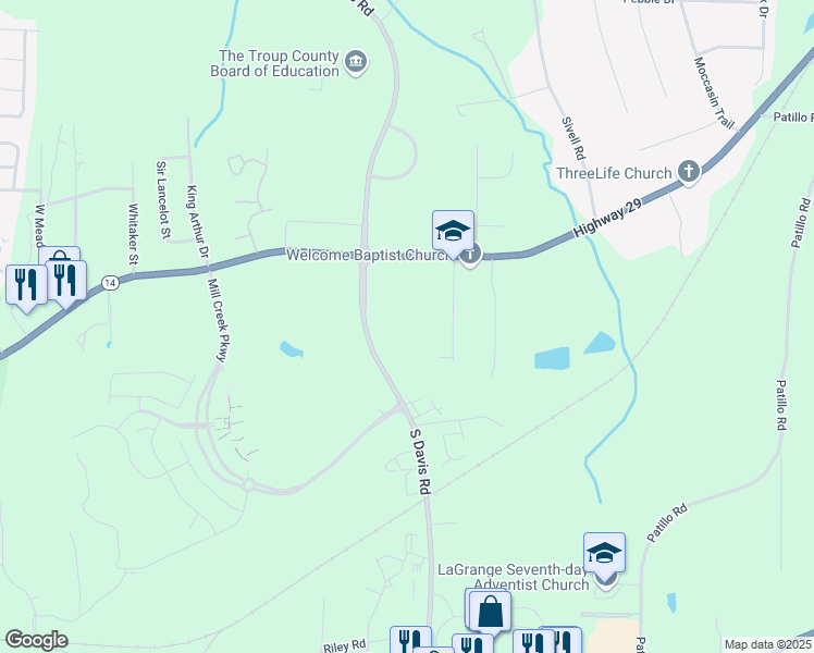 map of restaurants, bars, coffee shops, grocery stores, and more near 3140 Hogansville Road in LaGrange