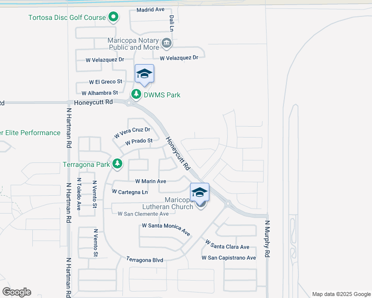 map of restaurants, bars, coffee shops, grocery stores, and more near 36583 West Mallorca Avenue in Maricopa