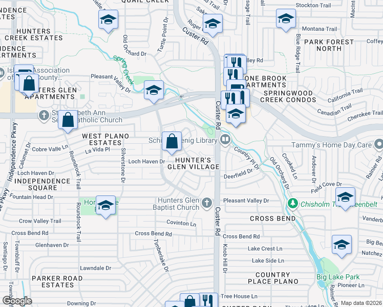 map of restaurants, bars, coffee shops, grocery stores, and more near 2116 Glendale Drive in Plano