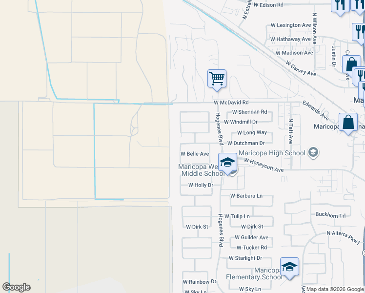 map of restaurants, bars, coffee shops, grocery stores, and more near 46185 West Dutchman Drive in Maricopa