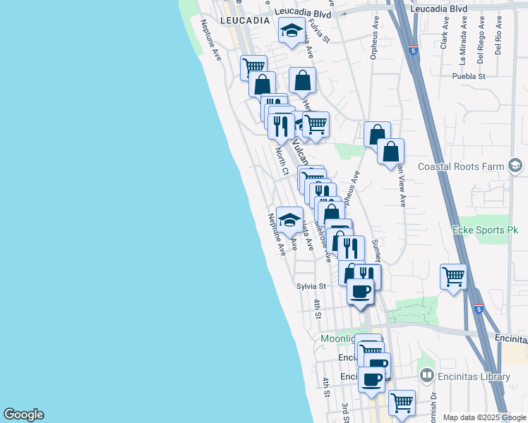 map of restaurants, bars, coffee shops, grocery stores, and more near 330 Neptune Avenue in Encinitas