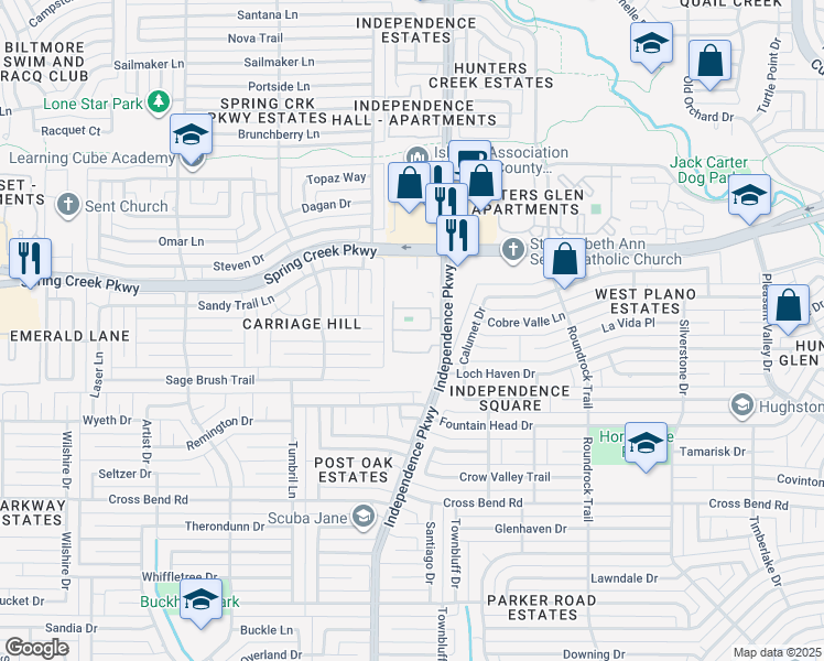 map of restaurants, bars, coffee shops, grocery stores, and more near 5401 Independence Parkway in Plano
