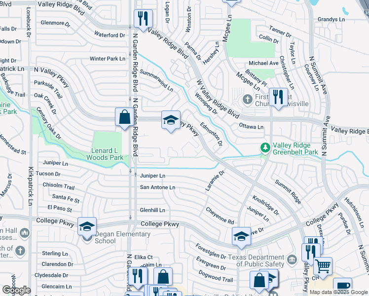 map of restaurants, bars, coffee shops, grocery stores, and more near 1402 North Valley Parkway in Lewisville