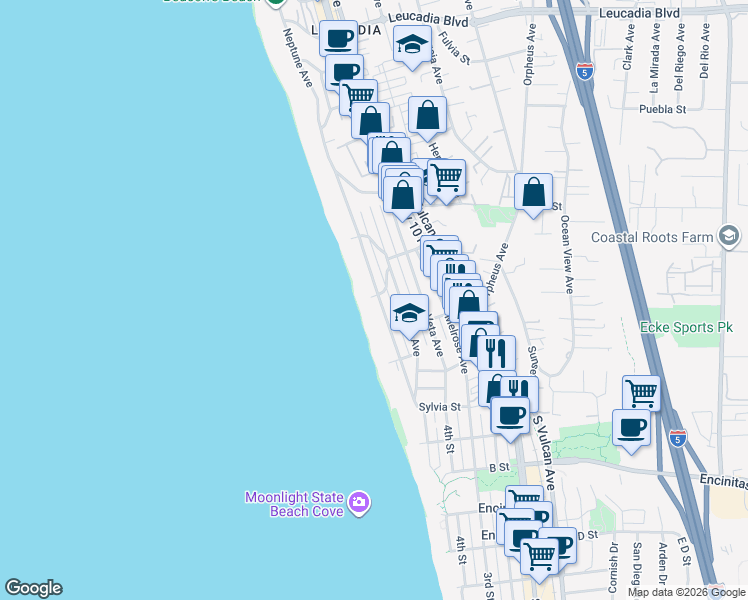 map of restaurants, bars, coffee shops, grocery stores, and more near 275 Neptune Avenue in Encinitas