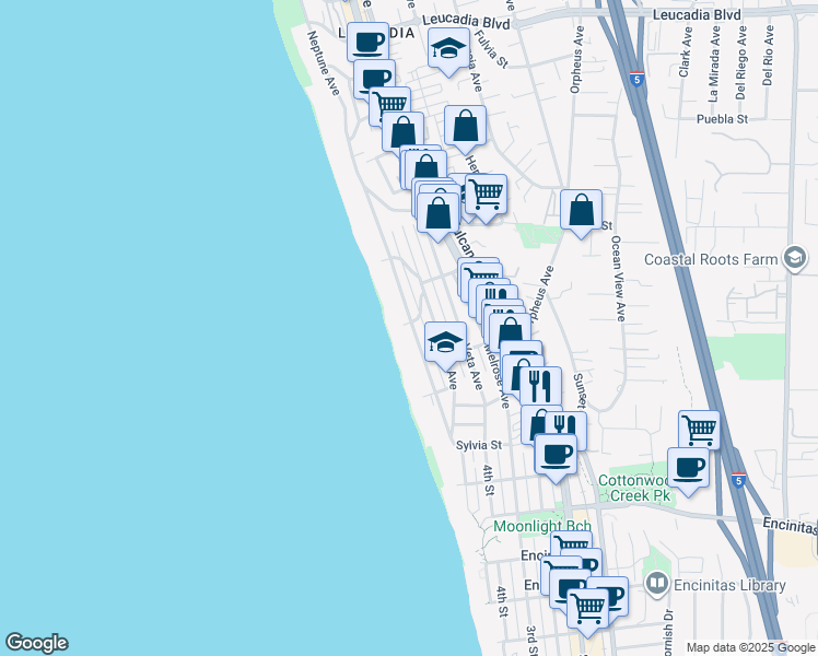 map of restaurants, bars, coffee shops, grocery stores, and more near 330 Neptune Avenue in Encinitas
