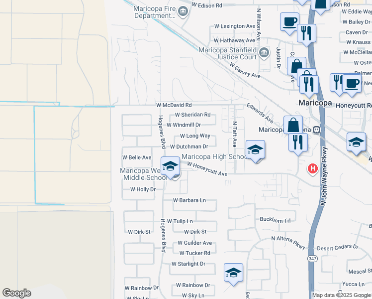map of restaurants, bars, coffee shops, grocery stores, and more near 45695 W Dutchman Dr in Maricopa