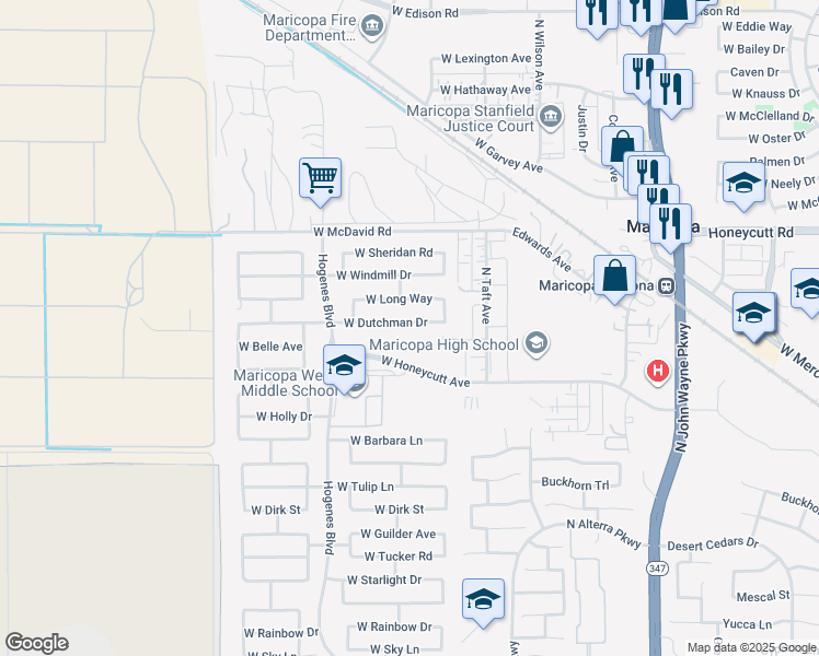map of restaurants, bars, coffee shops, grocery stores, and more near 45571 West Long Way in Maricopa