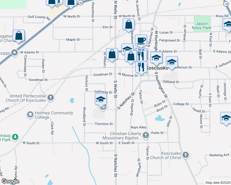 map of restaurants, bars, coffee shops, grocery stores, and more near S Wells St in Kosciusko