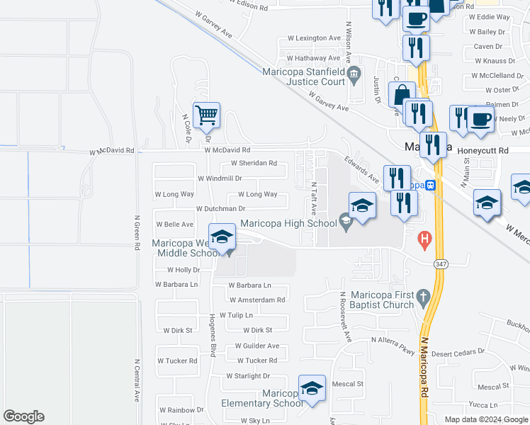 map of restaurants, bars, coffee shops, grocery stores, and more near 45579 Dutchman Drive in Maricopa
