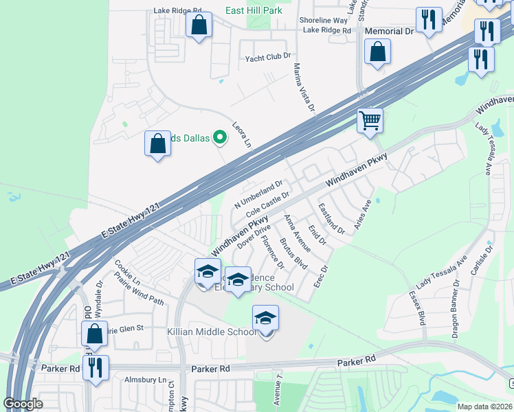 map of restaurants, bars, coffee shops, grocery stores, and more near 2800 North Umberland Drive in Lewisville