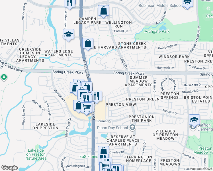 map of restaurants, bars, coffee shops, grocery stores, and more near 4700 West Spring Creek Parkway in Plano
