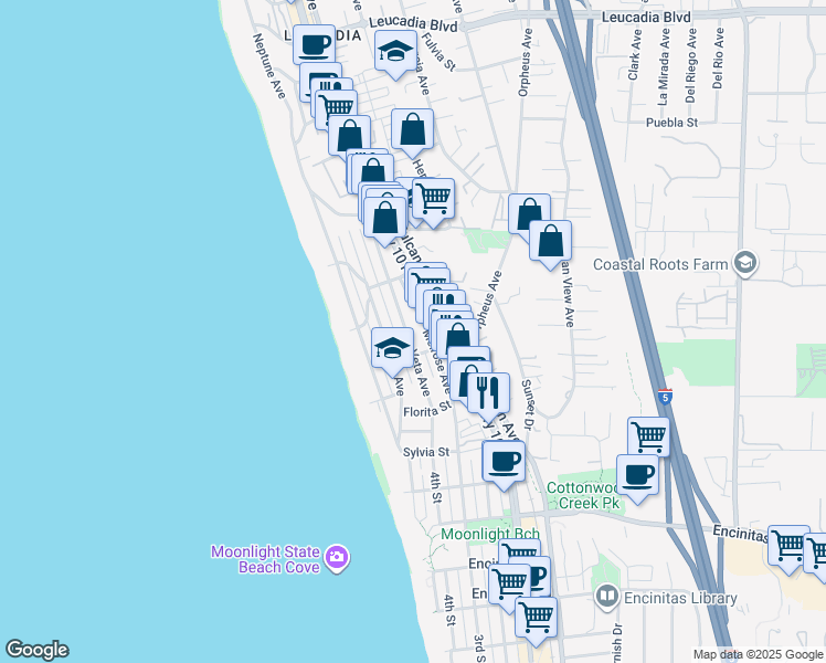 map of restaurants, bars, coffee shops, grocery stores, and more near 367 La Veta Avenue in Encinitas