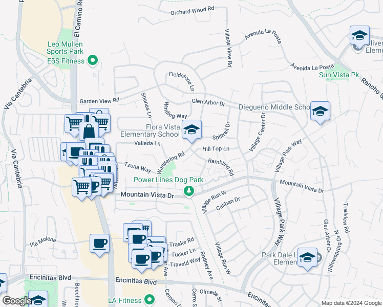 map of restaurants, bars, coffee shops, grocery stores, and more near 1680 Hill Top Lane in Encinitas