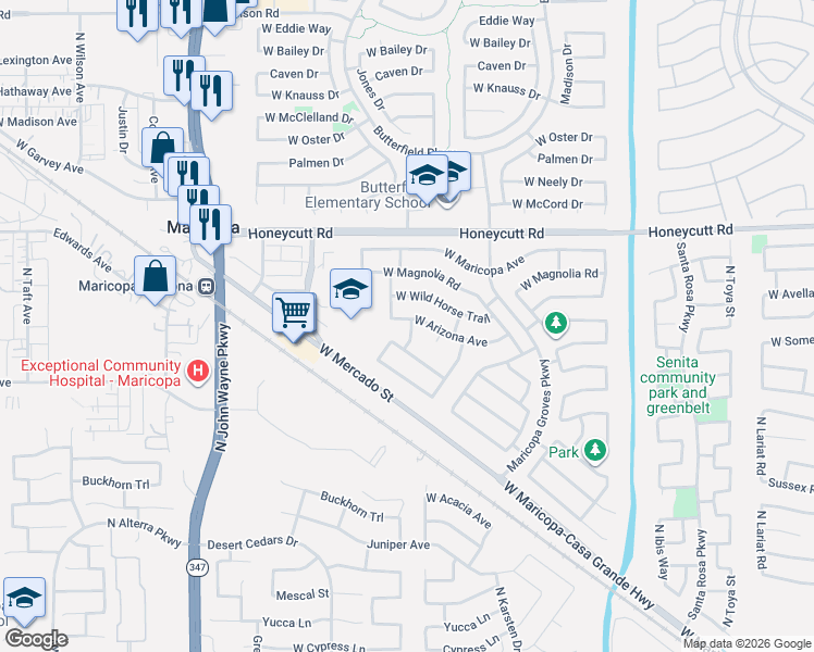 map of restaurants, bars, coffee shops, grocery stores, and more near 43999 West Wild Horse Trail in Maricopa