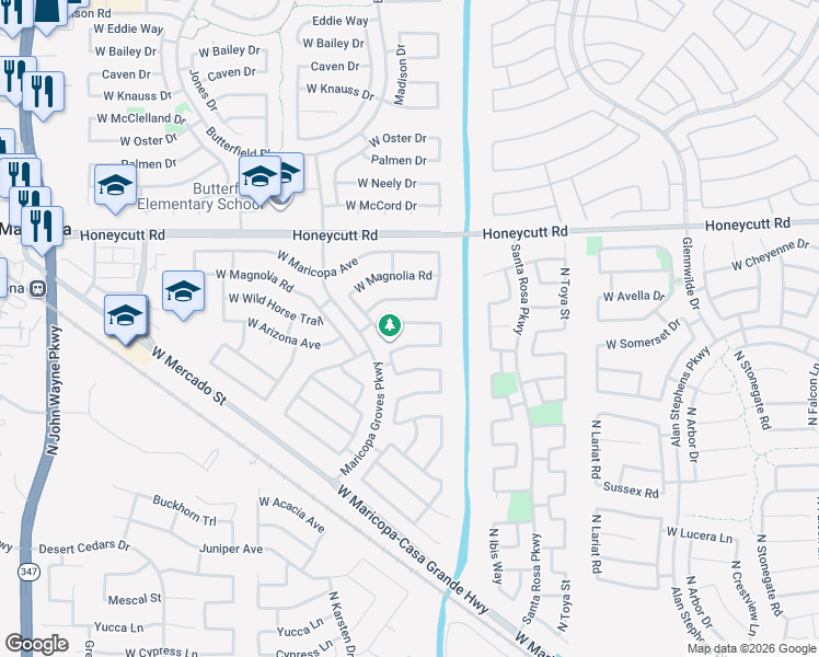 map of restaurants, bars, coffee shops, grocery stores, and more near 43297 West Arizona Avenue in Maricopa