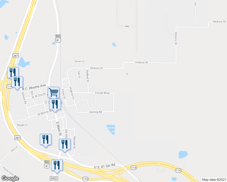 map of restaurants, bars, coffee shops, grocery stores, and more near 713 Troxell Boulevard in Rhome