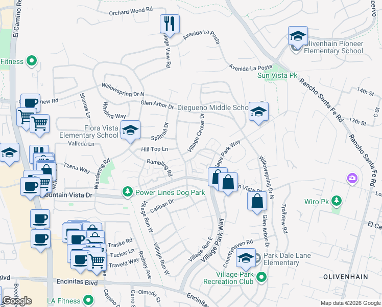 map of restaurants, bars, coffee shops, grocery stores, and more near 418 Village Center Drive in Encinitas