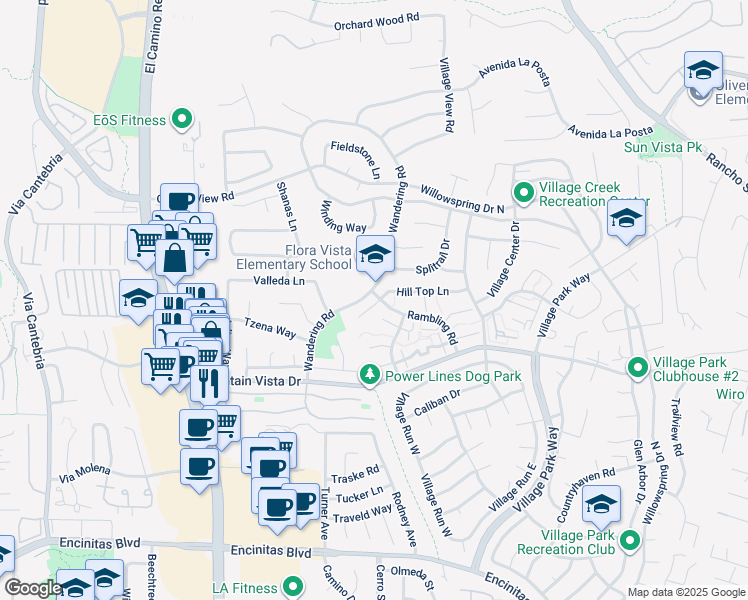 map of restaurants, bars, coffee shops, grocery stores, and more near 1680 Hill Top Lane in Encinitas