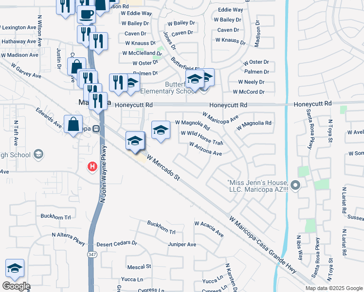 map of restaurants, bars, coffee shops, grocery stores, and more near 43935 West Arizona Avenue in Maricopa