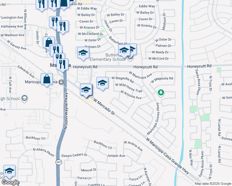map of restaurants, bars, coffee shops, grocery stores, and more near 43935 West Arizona Avenue in Maricopa