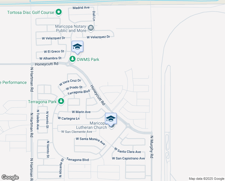 map of restaurants, bars, coffee shops, grocery stores, and more near 19217 West Merced Street in Maricopa