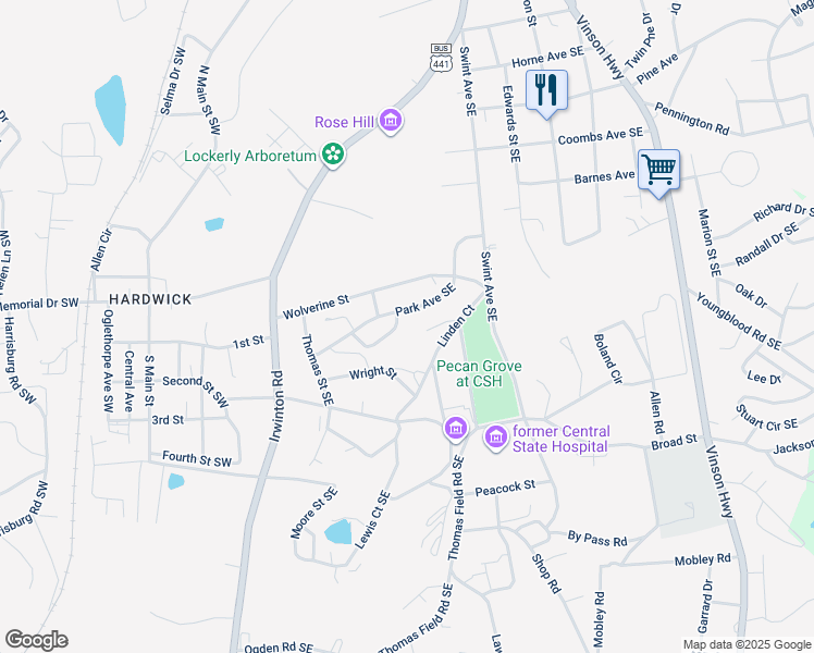 map of restaurants, bars, coffee shops, grocery stores, and more near 138 Park Avenue in Milledgeville