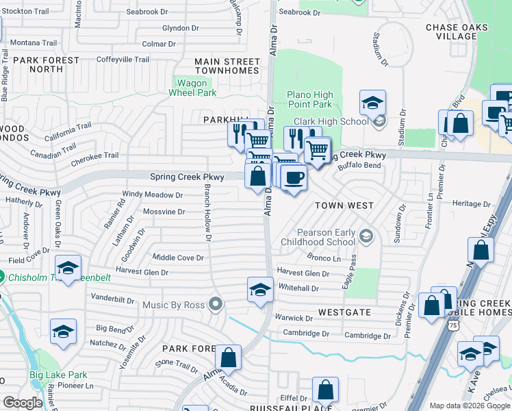 map of restaurants, bars, coffee shops, grocery stores, and more near 5031 Alma Drive in Plano