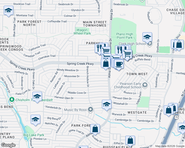 map of restaurants, bars, coffee shops, grocery stores, and more near 940 Windy Meadow Drive in Plano
