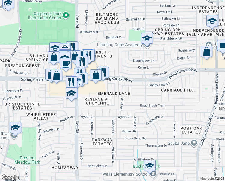 map of restaurants, bars, coffee shops, grocery stores, and more near 5309 Bixby Drive in Plano